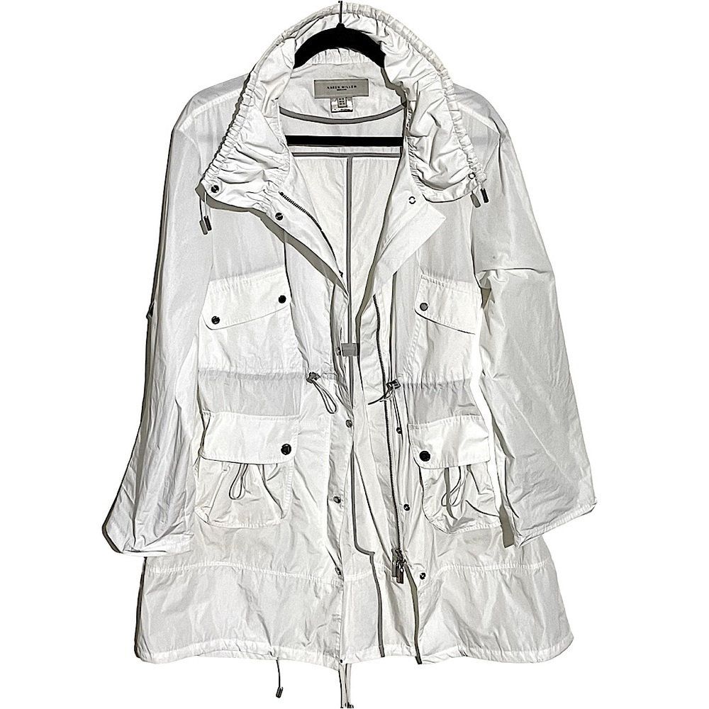 Karen Millen White Nylon Zip & Snap Front Windbreaker Rain Jacket Size 12 - Picture 2 of 8